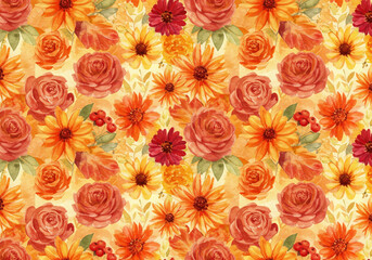 Vibrant autumn floral pattern for warm seasonal designs, perfect for backgrounds, textiles, and crafts projects