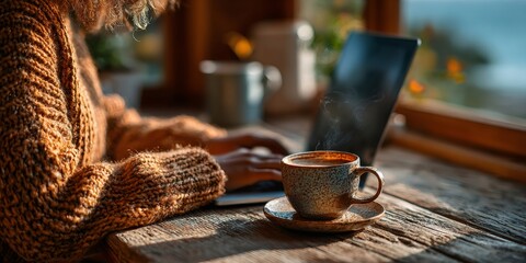 Obraz premium Woman working remotely enjoying hot coffee in cozy cabin