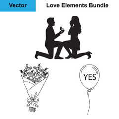 Proposal Knee Flower Bouquet Yes Balloon Silhouette Love Vector Bundle