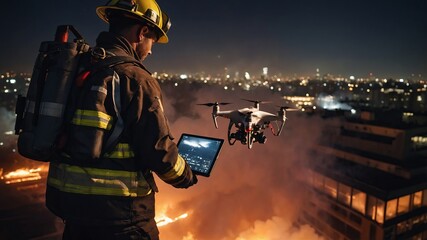 Firefighter uses drone technology and tablet for advanced situational awareness during a nighttime urban emergency response