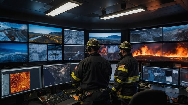 Firefighters monitor multiple screens displaying wildfire emergency response and critical data in a command center setting