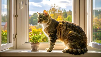 Tabby cat sitting on windowsill, autumn view