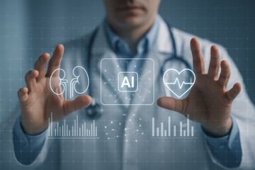 Artificial intelligence in healthcare with doctor analyzing kidney and heart data
