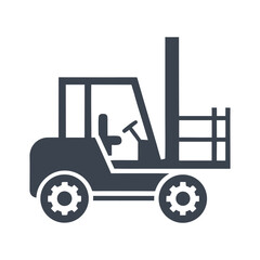 Dark blue silhouette of a forklift truck with a raised mast and forks vehicle industrial