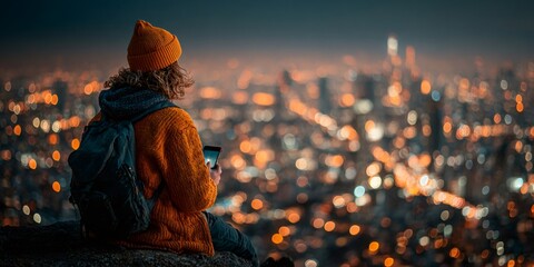 Tourist using smartphone overlooking city at night