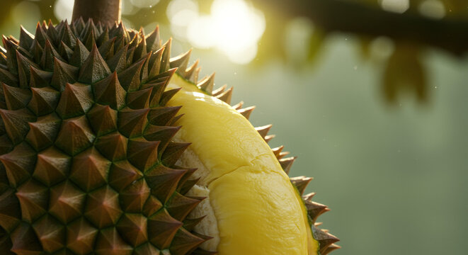 Closeup of a durian fruit showing its spiky exterior and yellow flesh - Powered by Adobe