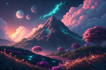 Fantasy digital illustration of a glowing mountain landscape with surreal skies, colorful trees, and multiple moons.