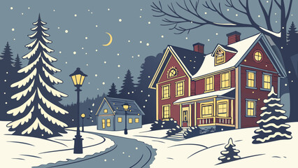Fototapeta premium Charming snow-covered victorian home with festive christmas lights and snowy evergreen trees warmly lit ambiance