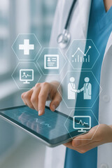 Medical technology with digital tablet and healthcare icons showing data and collaboration