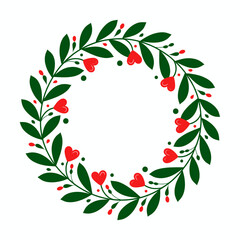 Fototapeta premium Heart-Shaped Floral Wreath with Green Leaves and Berries