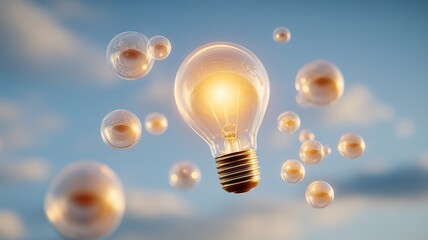 Glowing lightbulb surrounded by floating translucent geometric shapes against soft gradient sky, symbolizing innovation and creativity