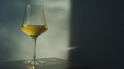 Crystal white wine glass on minimalist table with soft overhead lighting creating elegant reflections, ultra-realistic detail
