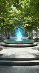 Fountain with glowing portal in a park-like setting