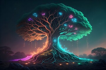 Fantasy glowing tree with neon lights, colorful magical aura, and surreal environment.