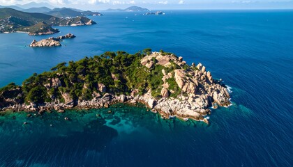 A high-angle view of a rocky islet with lush greenery, surrounded by a vibrant turquoise sea and distant islands