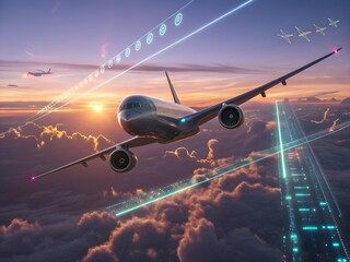 Futuristic airplane flying above clouds with neon digital HUD and holographic aviation technology.