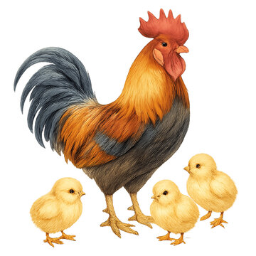 Watercolour Rooster and its chick