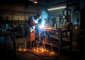 Tukang las terampil bekerja dengan aman dengan percikan terang di bengkel industri untuk proyek fabrikasi logam