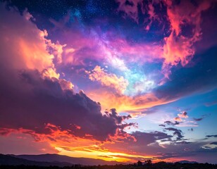 Fototapeta premium Colorful sunset sky with clouds and stars