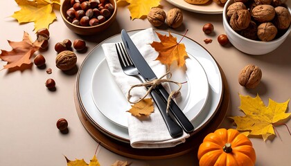 Autumnal table setting with nuts and leaves