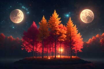 Fantasy landscape illustration with colorful trees, glowing light, two moons, and starry night sky.