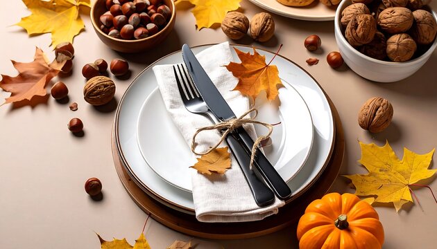 Autumnal table setting with nuts and leaves