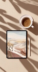 Fototapeta premium Tablet showing desert art next to coffee cup & pen, under leaf shadows