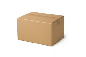 Photo of a single brown cardboard shipping box with tape on the seams, isolated on a transparent background