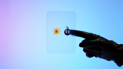 Cybersecurity Threat A Gloved Hand Activating a Digital Bomb Icon on a Transparent Screen Against a Vibrant Gradient Background Representing Danger