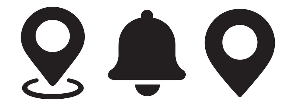 Location Pin and Notification Icons Set. Map, Alert, Marker Symbols

