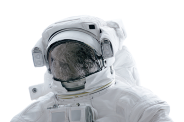 A close-up half-body view of an astronaut in a white suit isolated