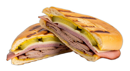 A halved cuban sandwich on a black background view