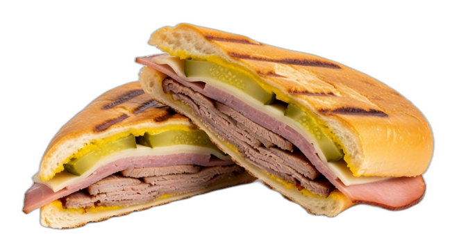 A halved cuban sandwich on a black background view