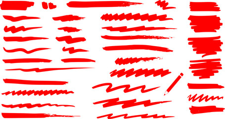 Red marker underline brush stroke set. Marker red pen highlights squiggle stroke. Vector swoosh brush handwritten underline set for accent, pencil emphasis element. Vector illustration