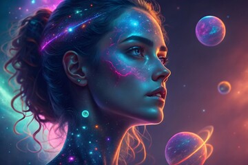 Fantasy illustration of woman with cosmic galaxy and planets, symbolizing imagination, dreams, and universe connection.