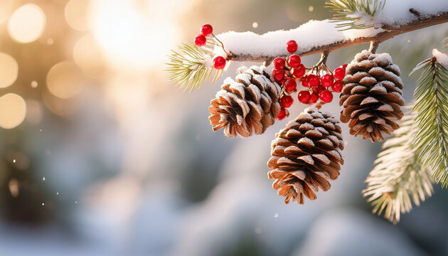 close up of pine cones and red berries on a snowy branch with soft winter background ideal for holiday themes