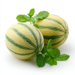 Fresh Cantaloupe Melons with Mint Leaves on White Background