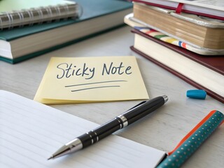 Sticky note with pen, notebook, and books on study desk for planning, reminder, and office organization.