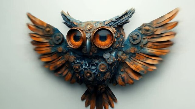 Steampunk owl with gear wings and orange eyes