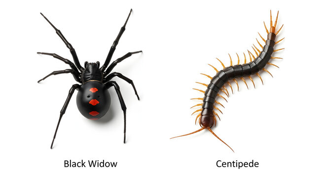 A detailed studio macro shot of a venomous Black Widow spider and a common house centipede, two dangerous household pests isolated on white