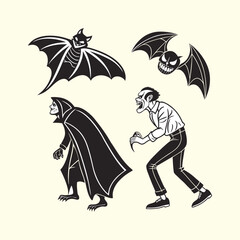 Vintage Halloween Illustration of Two Vampires and Two Bats in Woodcut Style, Spooky Gothic Art, Classic Horror, Retro Halloween Decor