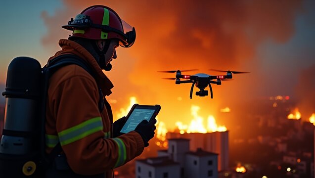 Firefighter utilizing advanced drone technology and tablet for enhanced situational awareness during a massive urban inferno event - Powered by Adobe