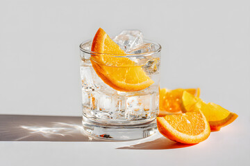 Refreshing drink with orange slices and ice cubes in a clear glass on white background, citrus beverage with vibrant natural light