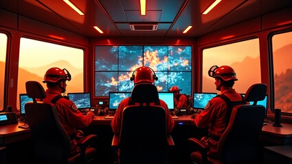 Emergency response team monitors wildfire data on large screens from a command center with firefighters