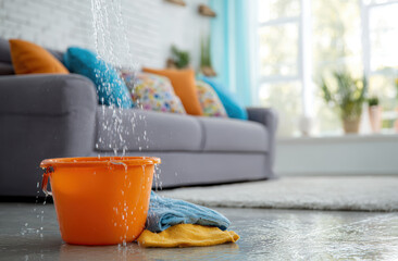 Water dripping from ceiling into orange bucket overflowing onto floor with rag, depicting home water damage needing insurance claim