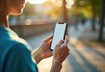 Hands, woman and typing with phone of fitness outdoor, communication and research of exercise application. Happy, athlete and mobile for gym membership, training schedule and workout routine in Japan