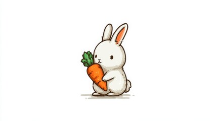 A cute cartoon rabbit holds an orange carrot with green leaves,