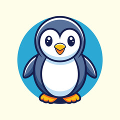 Obraz premium Mascot Cute cartoon penguin illustration with big eyes and orange feet on a blue circle background