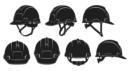 various styles of safety helmets shown in silhouette form