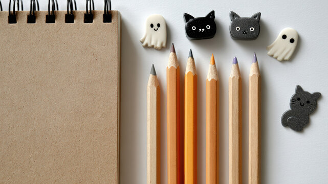 Top-Down View of Kraft Notebook with Halloween Pencils and Erasers